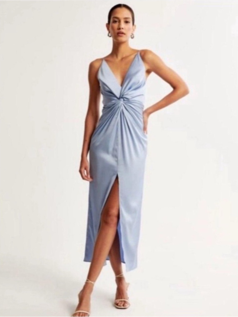 Satin Twist-Front Slip Dress in Light Blue